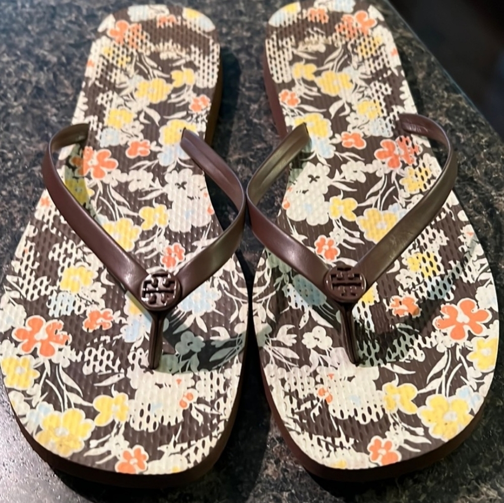 TORY BURCH FLIP FLOPS BROWN/FLORAL THONG SANDALS SIZE 9
